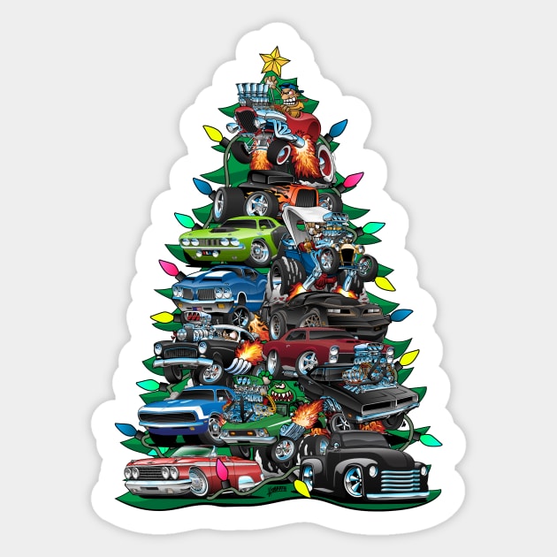 Car Madness Christmas Tree! Classic Muscle Cars and Hot Rods Sticker by hobrath